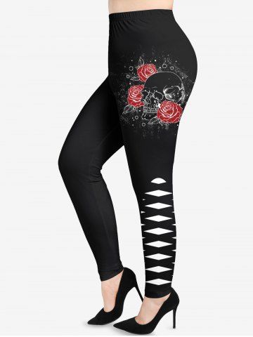 Plus Size Rose Flowers Braided 3D Print Leggings - BLACK - 2X