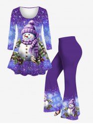 Ensemble de T-shirt Évasée Brillant Imprimé Bonhomme de Neige de Noël et Galaxie Grande Taille - Pourpre  