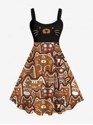 Plus Size Gingerbread Cat Bowknot Print Christmas A Line Tank Dress -  