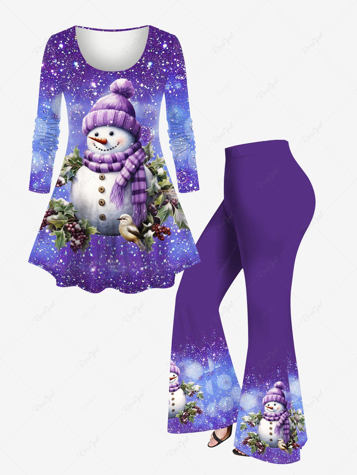 Ensemble de T-shirt Évasée Brillant Imprimé Bonhomme de Neige de Noël et Galaxie Grande Taille Pourpre  