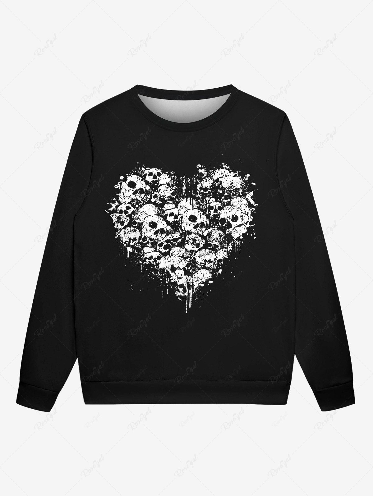 Sweat-shirt Gothique Imprimé Crâne et Coeur à Col Ras du Cou pour Homme Noir 5XL