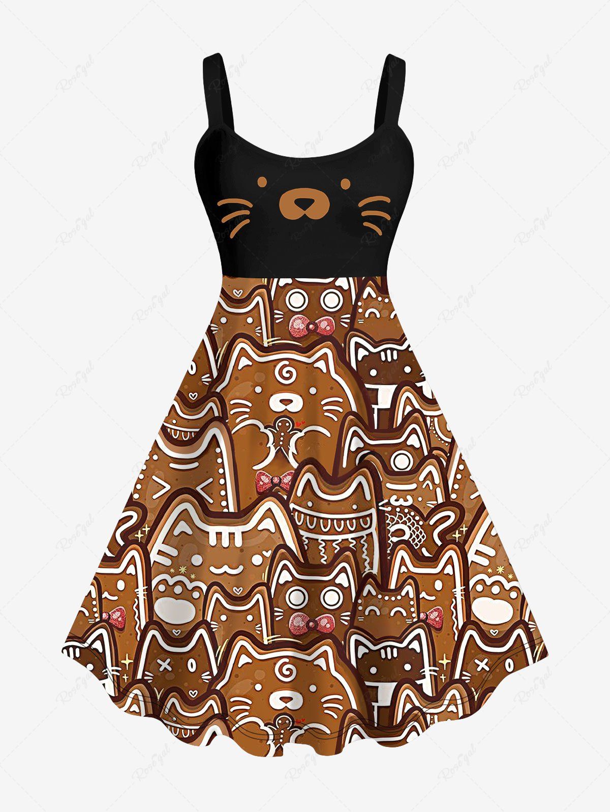 Outfit Plus Size Gingerbread Cat Bowknot Print Christmas A Line Tank Dress  