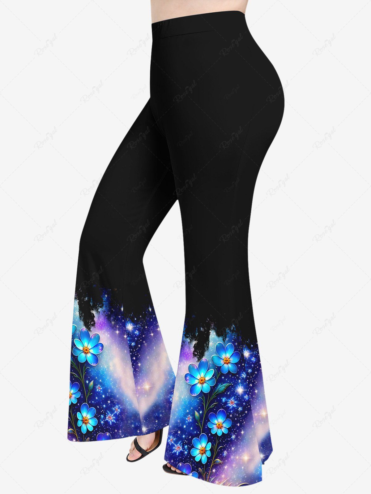 Pantalon Evasé 3D Fleur Galaxie Brillante Imprimée Grande Taille à Paillettes Bleu profond 6X