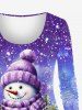 Ensemble de T-shirt Évasée Brillant Imprimé Bonhomme de Neige de Noël et Galaxie Grande Taille - Pourpre  
