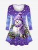 Ensemble de T-shirt Évasée Brillant Imprimé Bonhomme de Neige de Noël et Galaxie Grande Taille - Pourpre  