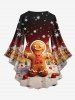 Plus Size Christmas Tree Ball Snowflake Gingerbread House Colorblock Print Lattice Crisscross Flare Sleeve Top -  