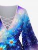 Plus Size Flowers Colorblock Galaxy Stars Sparkling Sequin Glitter 3D Print Lattice Crisscross Flare Sleeve Top -  