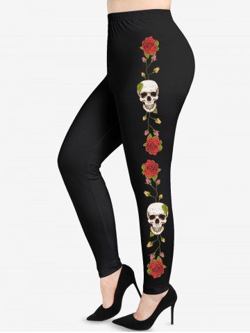 Plus Size Skulls Rose Flowers Leaf Print Leggings - BLACK - 1X