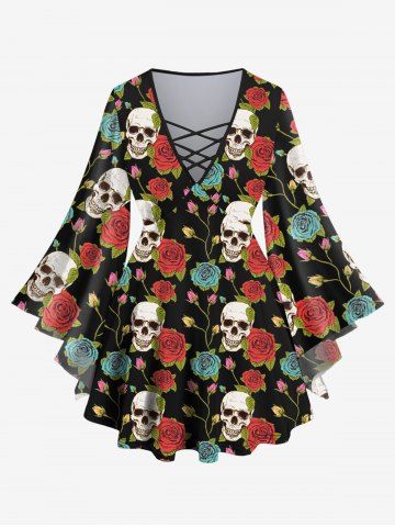 Plus Size Skulls Rose Flowers Leaf Print Lattice Crisscross Flare Sleeve Top - BLACK - M