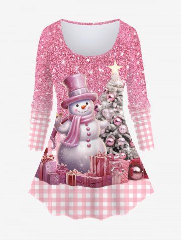 T-shirt Brillant 3D Boule Bonhomme de Neige et Sapin de Noël Imprimés Grande Taille à Paillettes - LIGHT PINK - XS