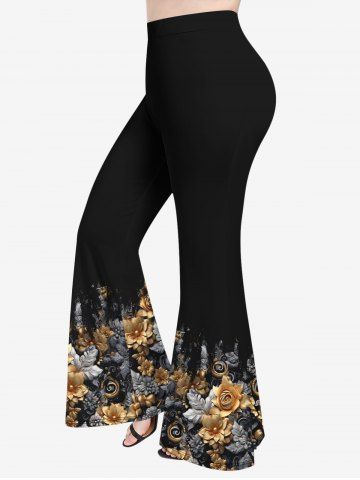 Pantalon Évasé à Imprimé Dorure et Roses 3D Grande-Taille - BLACK - XS