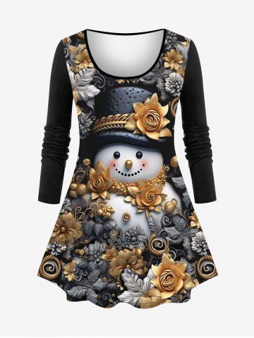 Plus Size 3D Gilding Rose Flower Christmas Hat Snowman Print Long Sleeves T-shirt - BLACK - S