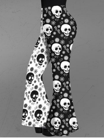 Gothic Skulls Floral Print Two Tone Colorblock Patchwork Pull On Flare Pants - BLACK - M