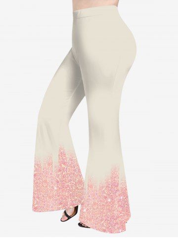 Plus Size Christmas Colorblock Glitter Sparkling Sequin 3D Print Flare Disco Pants - LIGHT PINK - L