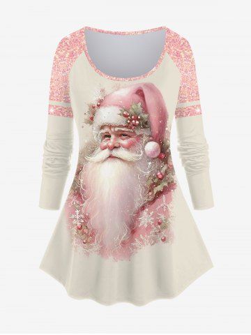 Plus Size Christmas Colorblock Santa Clause Snowflake Sparkling Sequin Glitter 3D Print Raglan Sleeve T-shirt - LIGHT PINK - 2X