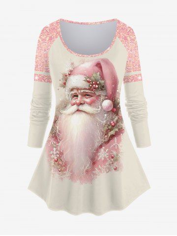 Plus Size Christmas Colorblock Santa Clause Snowflake Sparkling Sequin Glitter 3D Print Raglan Sleeve T-shirt - LIGHT PINK - 6X