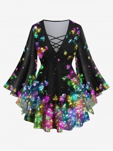 Plus Size Flare Sleeves Glitter Sparkling Colorful Broken Diamond Print Lattice Top - MULTI-A - 2X