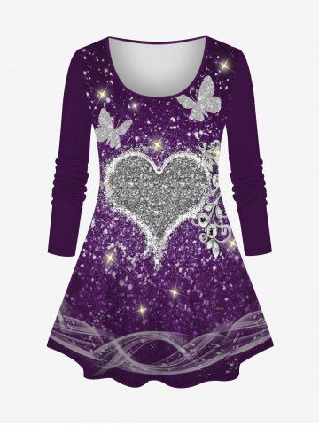 Plus Size Valentine's Day Heart Butterfly Sparkling Sequin Glitter 3D Print Long Sleeve T-shirt - CONCORD - M
