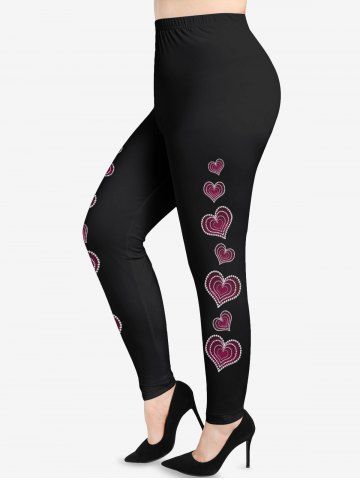 Plus Size Valentine's Day Heart Pearl Trim 3D Print Leggings - BLACK - M