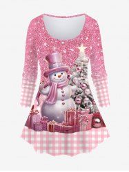 T-shirt Brillant 3D Boule Bonhomme de Neige et Sapin de Noël Imprimés Grande Taille à Paillettes - Rose clair 5X
