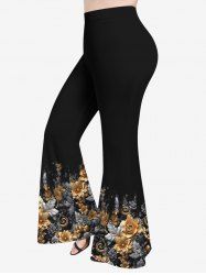 Pantalon Évasé à Imprimé Dorure et Roses 3D Grande-Taille - Noir 6X