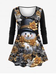 Plus Size 3D Gilding Rose Flower Christmas Hat Snowman Print Long Sleeves T-shirt -  