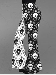 Gothic Skulls Floral Print Two Tone Colorblock Patchwork Pull On Flare Pants -  