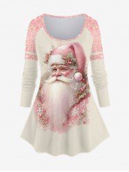 T-shirt Brillant 3D Père Noël Flocon de Neige Imprimé en Blocs de Couleurs à Paillettes de Grande Taille - Rose clair 4X