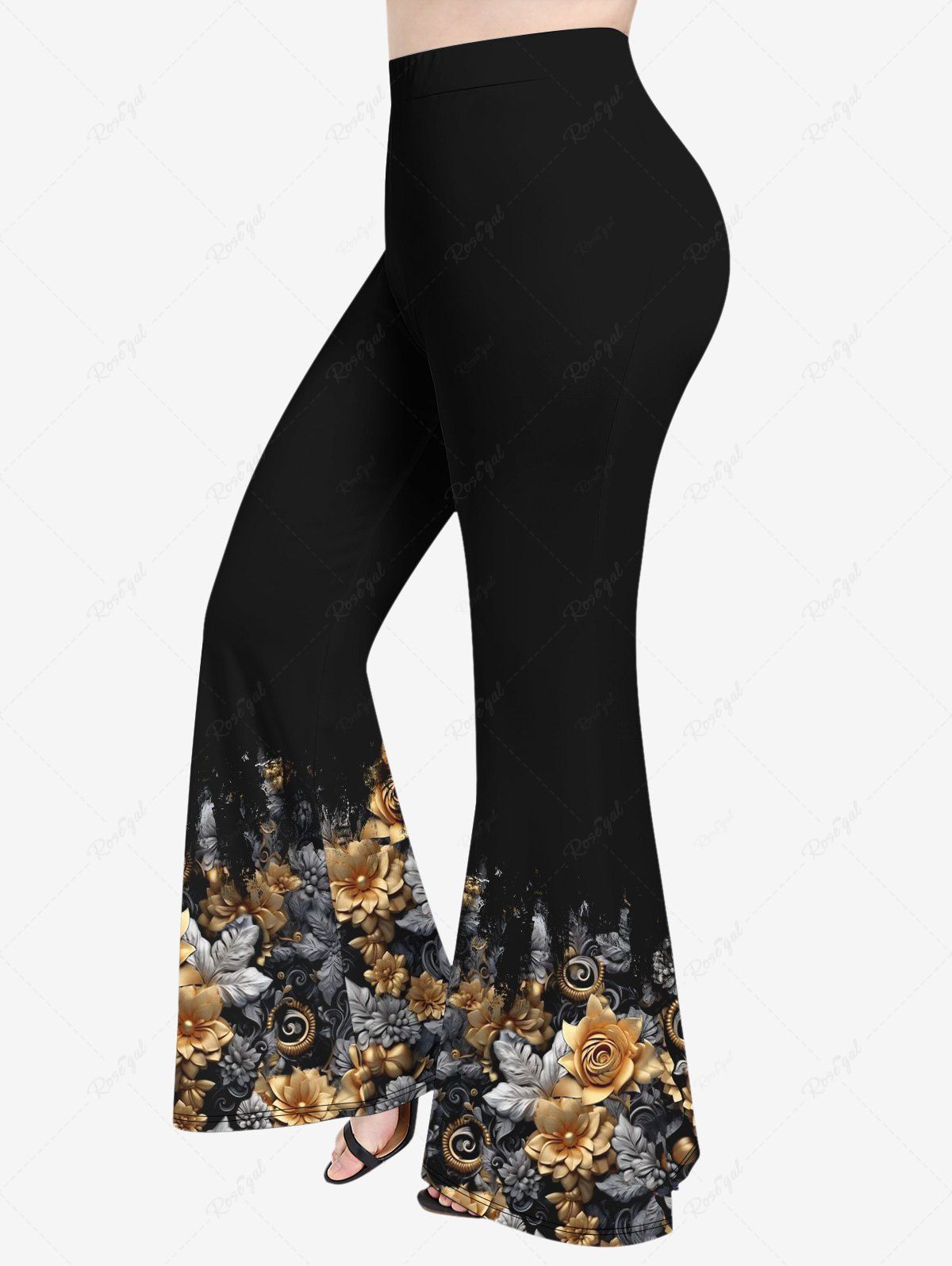 Pantalon Évasé à Imprimé Dorure et Roses 3D Grande-Taille Noir 6X