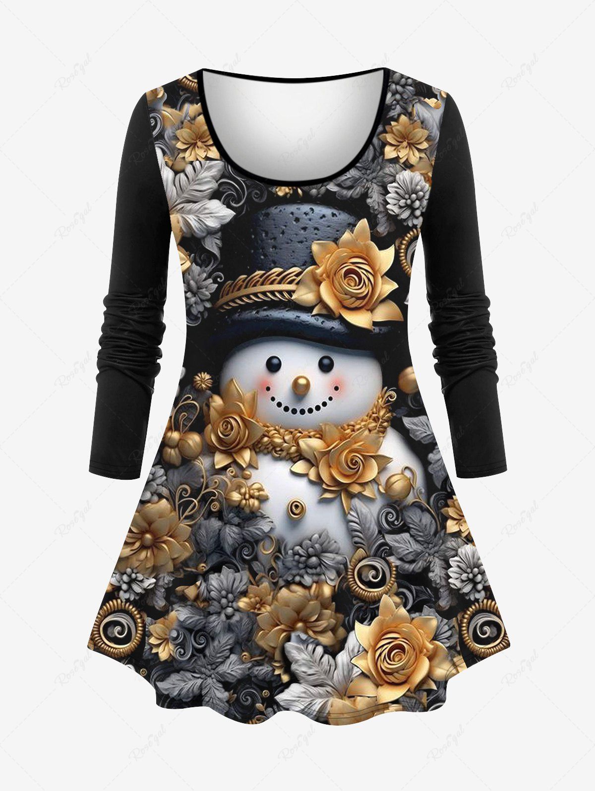 Fashion Plus Size 3D Gilding Rose Flower Christmas Hat Snowman Print Long Sleeves T-shirt  