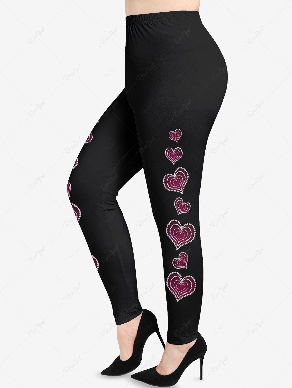 Trendy Plus Size Valentine's Day Heart Pearl Trim 3D Print Leggings  