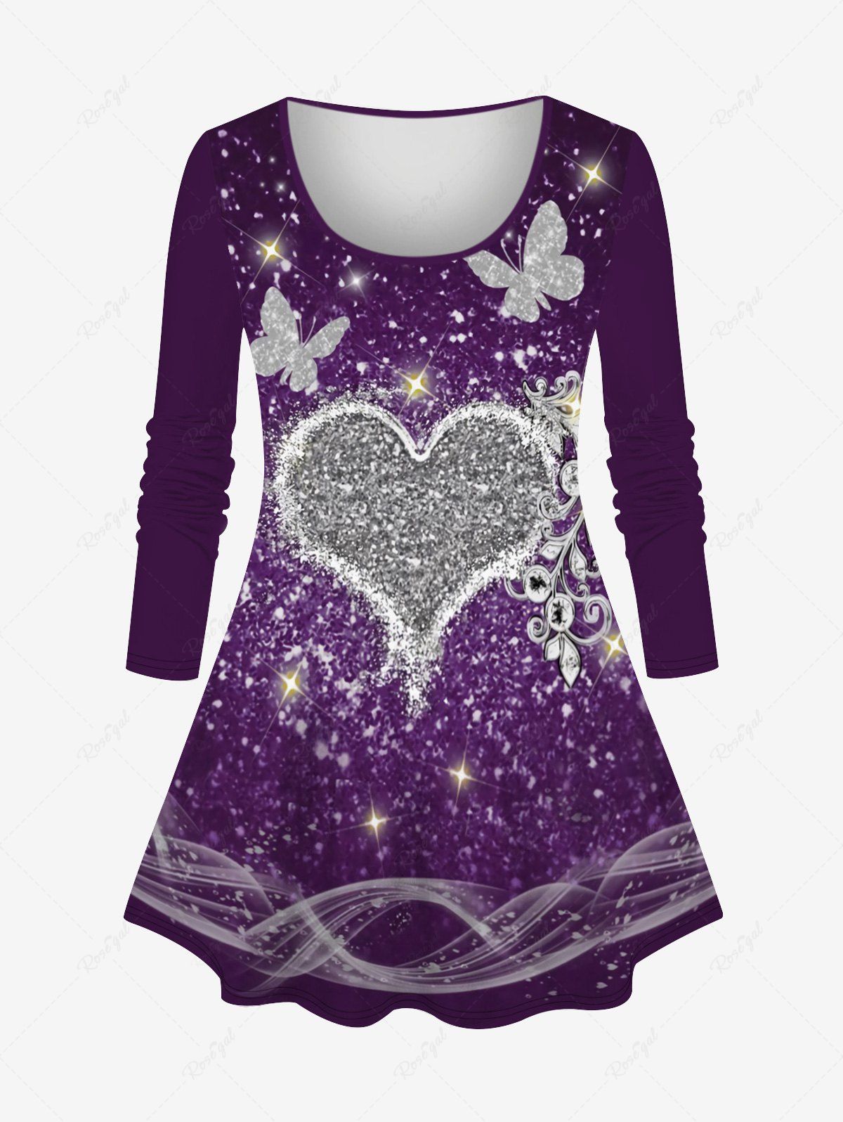 Fancy Plus Size Valentine's Day Heart Butterfly Sparkling Sequin Glitter 3D Print Long Sleeve T-shirt  