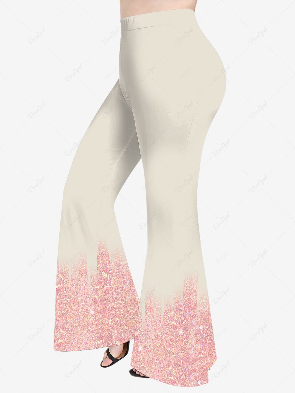 Pantalon Evasé 3D de Noël Brillant en Blocs de Couleurs Imprimé de Grande Taille à Paillettes Rose clair M