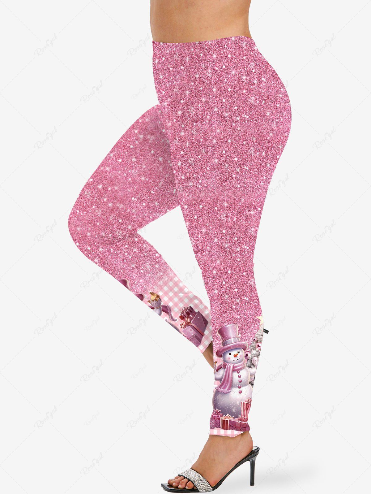 Legging Brillant 3D Boule Bonhomme de Neige et Sapin de Noël Imprimés Grande Taille à Paillettes Rose clair 6X