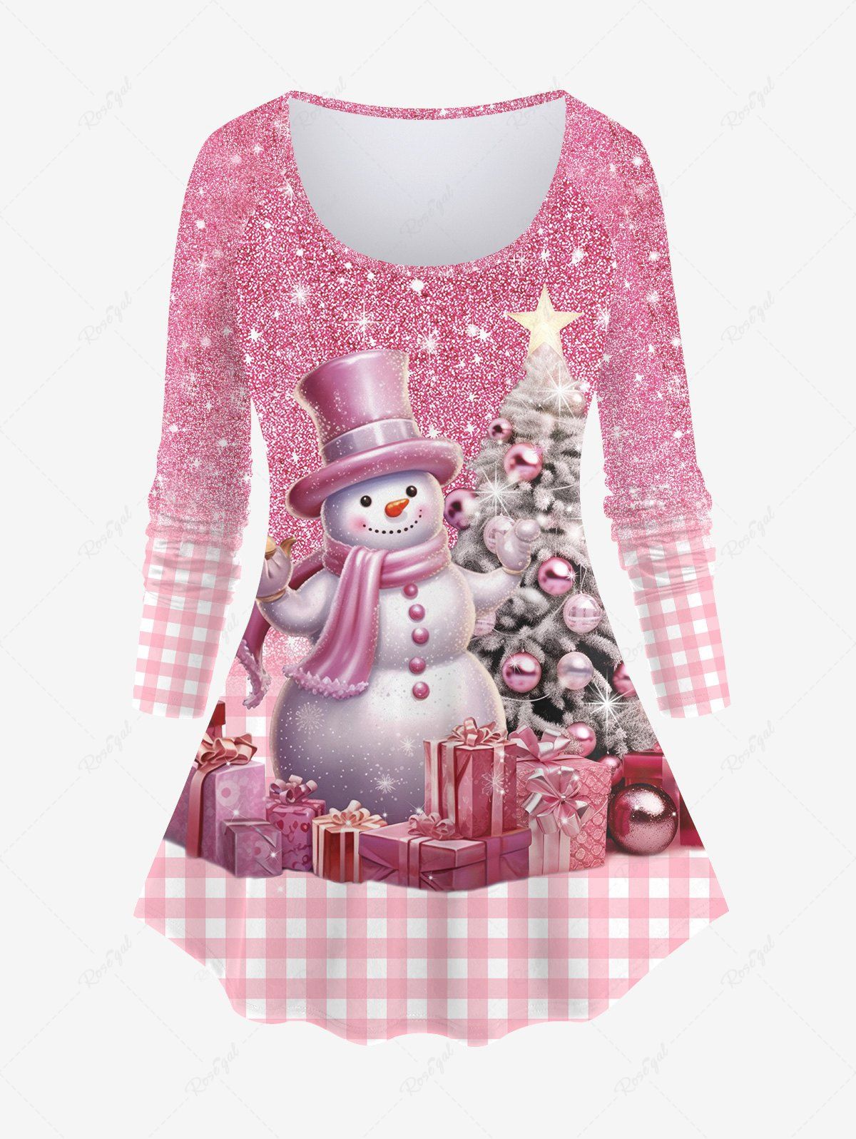 T-shirt Brillant 3D Boule Bonhomme de Neige et Sapin de Noël Imprimés Grande Taille à Paillettes Rose clair 5X
