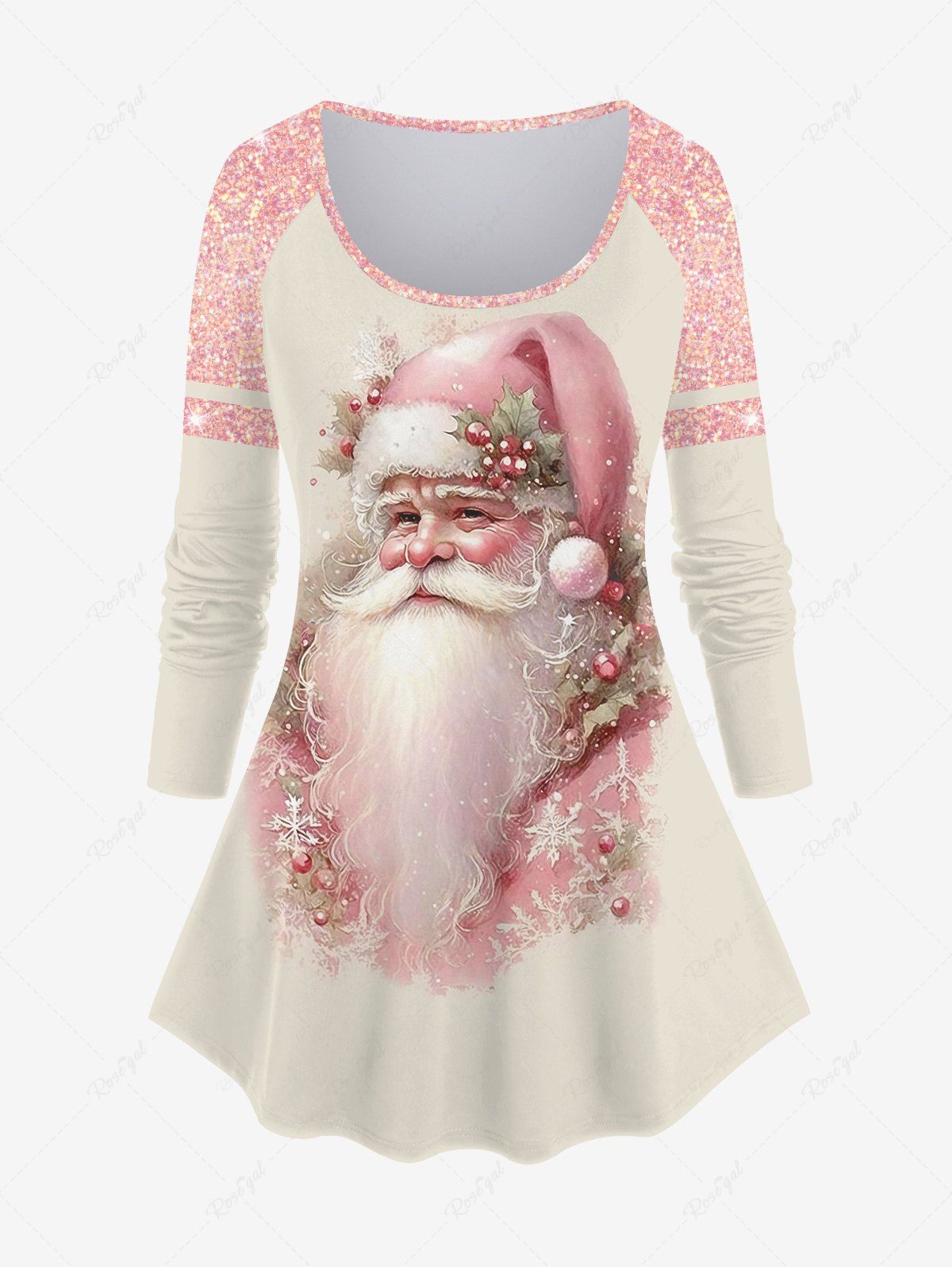 T-shirt Brillant 3D Père Noël Flocon de Neige Imprimé en Blocs de Couleurs à Paillettes de Grande Taille Rose clair 4X