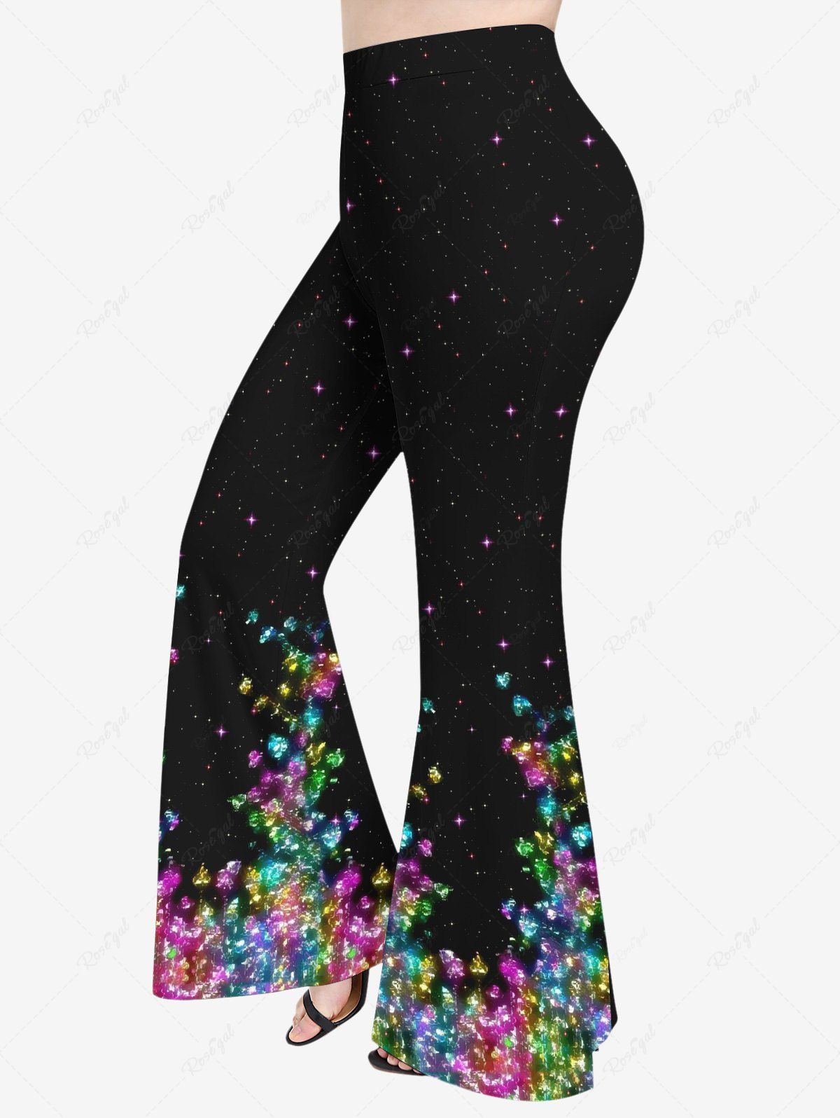 Outfit Plus Size Glitter Sparkling Colorful Broken Diamond Galaxy Print Pull On Flare Pants  