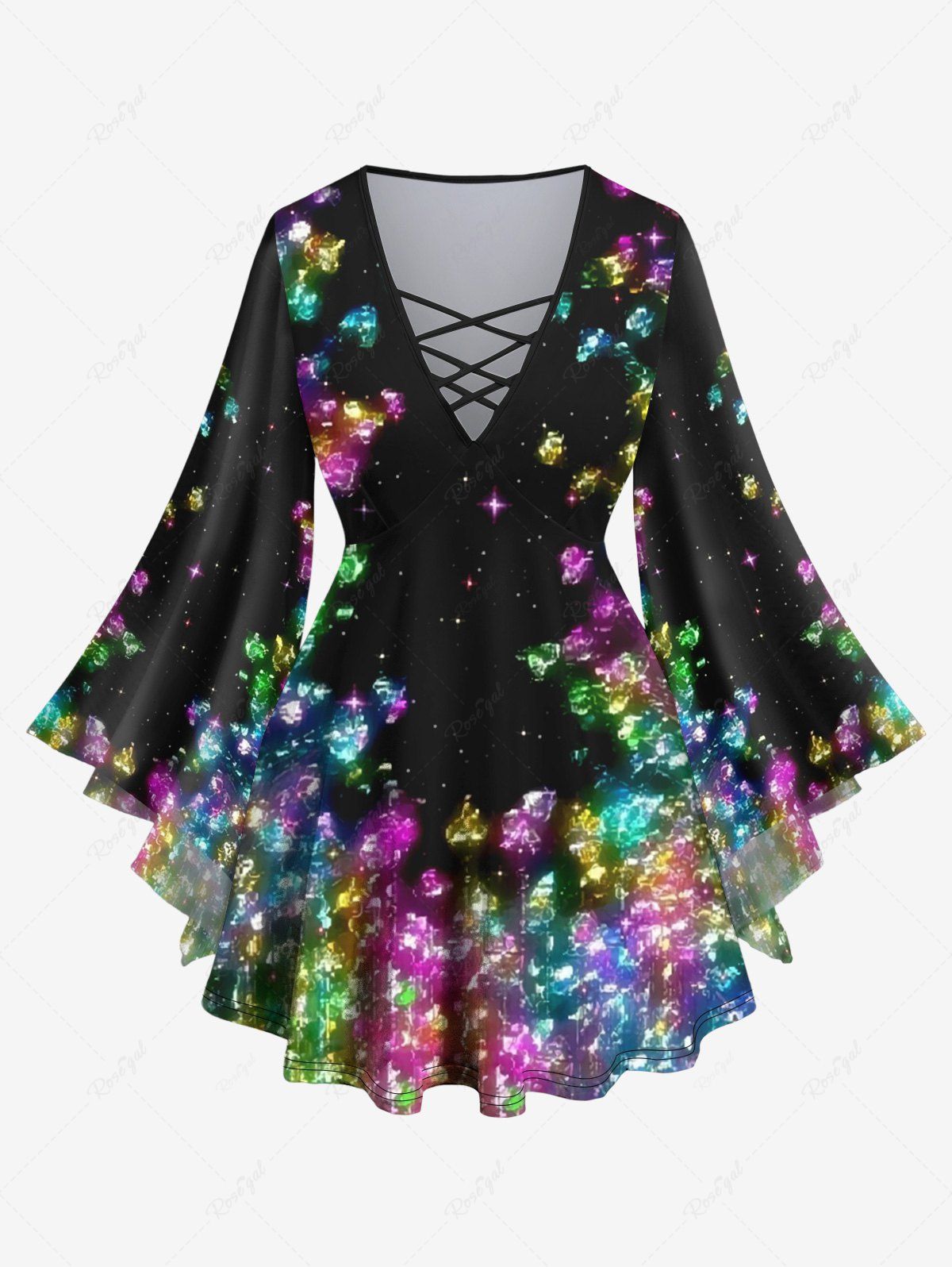 Outfits Plus Size Flare Sleeves Glitter Sparkling Colorful Broken Diamond Print Lattice Top  