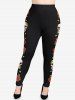 Plus Size Skulls Rose Flowers Leaf Print Leggings -  