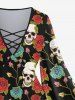 Plus Size Skulls Rose Flowers Leaf Print Lattice Crisscross Flare Sleeve Top -  