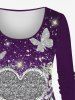 Plus Size Valentine's Day Heart Butterfly Sparkling Sequin Glitter 3D Print Long Sleeve T-shirt -  
