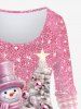 T-shirt Brillant 3D Boule Bonhomme de Neige et Sapin de Noël Imprimés Grande Taille à Paillettes - Rose clair L