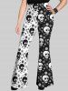 Gothic Skulls Floral Print Two Tone Colorblock Patchwork Pull On Flare Pants -  