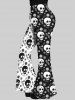 Gothic Skulls Floral Print Two Tone Colorblock Patchwork Pull On Flare Pants -  