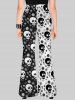 Gothic Skulls Floral Print Two Tone Colorblock Patchwork Pull On Flare Pants -  