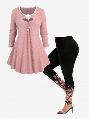 Glitter Sparkling Floral Buckle Cut Out Panel Contrast Binding Long Sleeves Fluffy Pullover Knit Sweater and Floral Leaf Colorblock Printed Skinny Leggings Plus Size Outfit