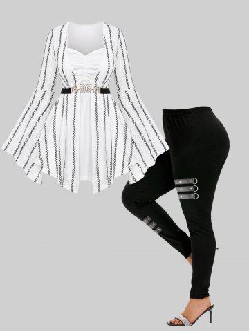 Flare Sleeves Hollow Out Heart Rhombus Black and White Striped Ruched Patchwork 2 in 1 Top with Butterfly Buckle Belt and Leggings Plus Size Outfit