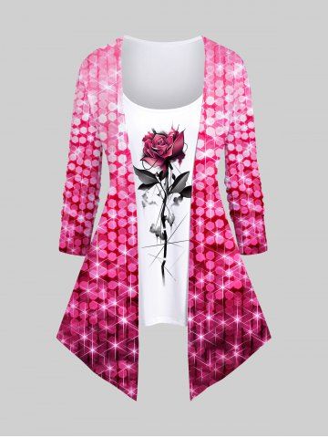 Plus Size Valentine's Day Crystal Rose Flowers Glitter Sparkling Sequin 3D Print 2 In 1 T-shirt - LIGHT PINK - L