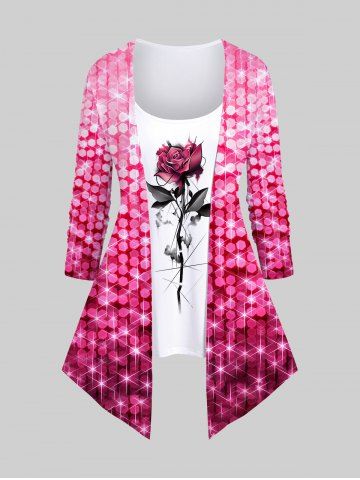 Plus Size Valentine's Day Crystal Rose Flowers Glitter Sparkling Sequin 3D Print 2 In 1 T-shirt - LIGHT PINK - 2X