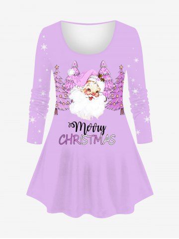 Plus Size Christmas Tree Santa Clause Snowflake Letters Print Long Sleeve T-shirt - LIGHT PURPLE - XS